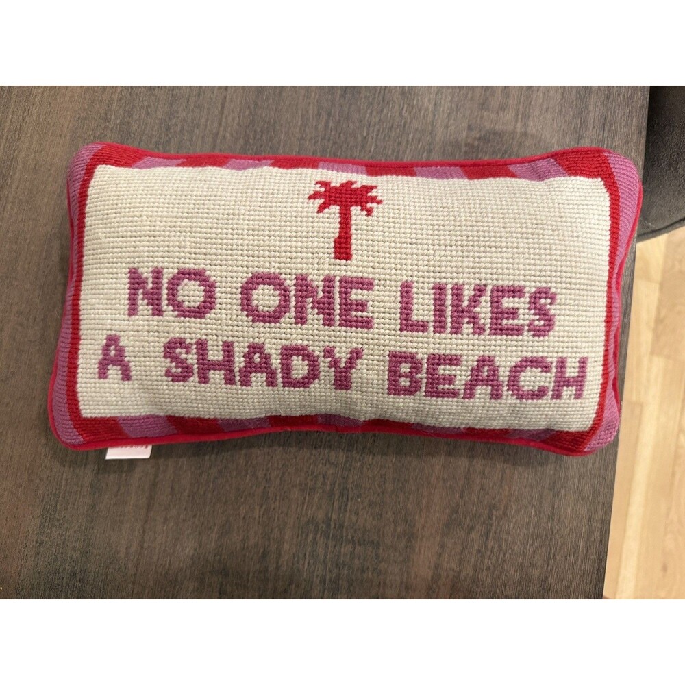 Furbish Studio Needlepoint Lumbar Pillow “No One Likes A Shady Beach” Pink Red